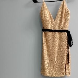 Dear Moon 🌙 Sparkling Gold Mini Dress with Black Velvet Belt Size 1